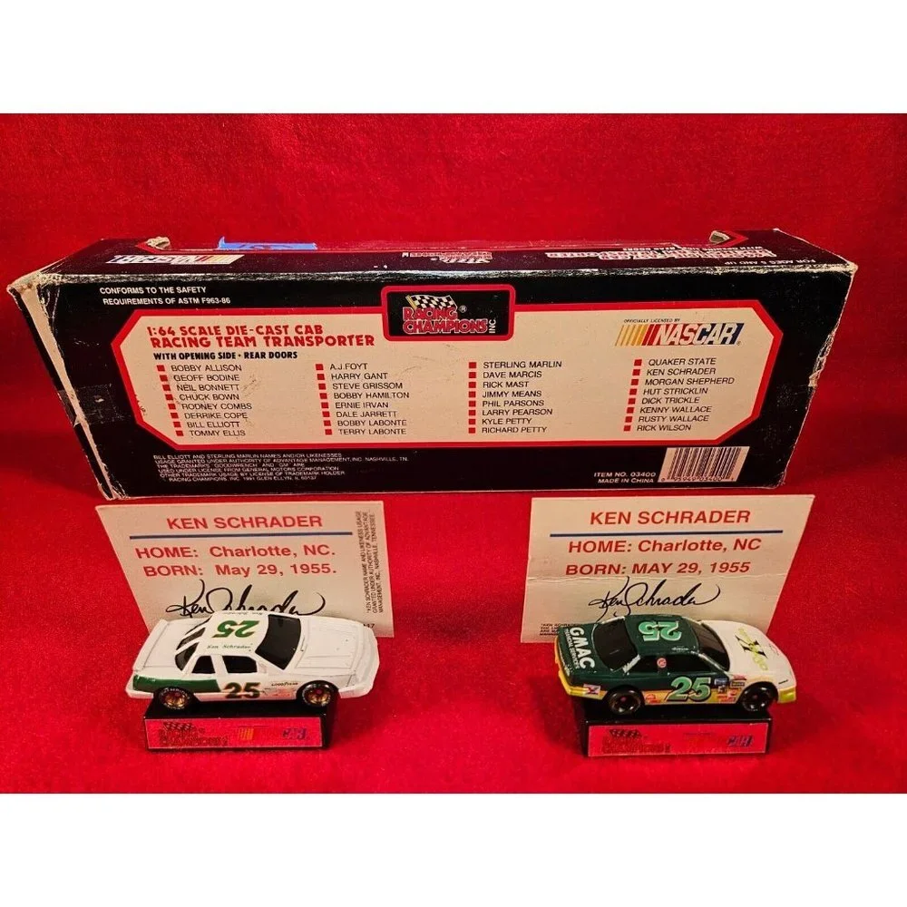 KEN‎ SCHRADER NASCAR #25 TRANSPORTER BUNDLE w/MATCHING STOCKCAR & PLAYER CARD